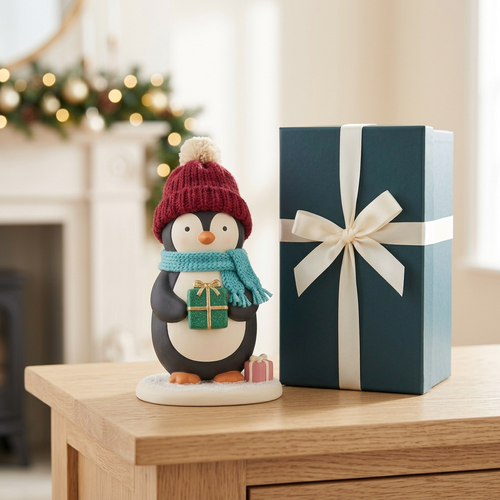 Single Christmas penguin decoration and matching logo-free ivory-ribbon box in a bright festive home