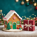 Colorful Christmas gingerbread cottage with snowy roof and logo-free cranberry ribbon gift box, main view