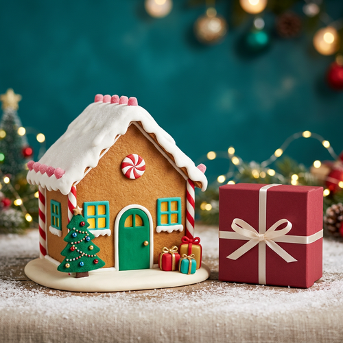 Colorful Christmas gingerbread cottage with snowy roof and logo-free cranberry ribbon gift box, main view
