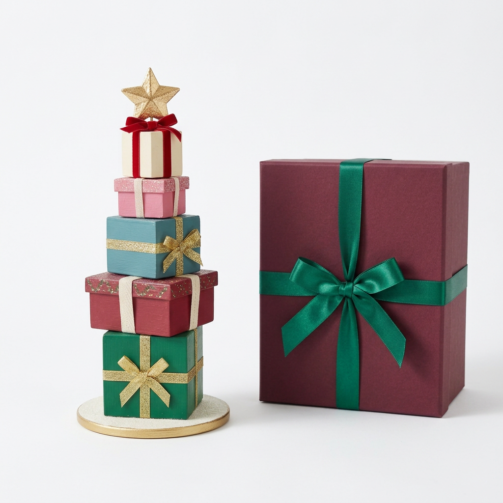 Colorful five-tier gift tree and plain burgundy green-ribbon box isolated on white